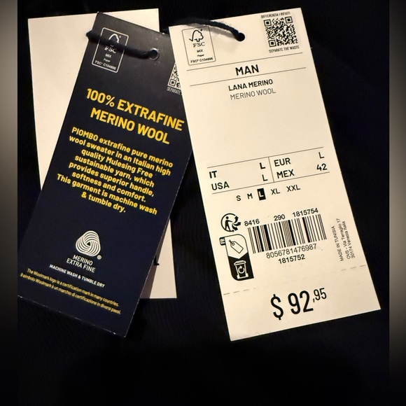 Piombo Men's Large Black Extra Fine Merino Wool Turtleneck Sweater - Picture 3 of 3